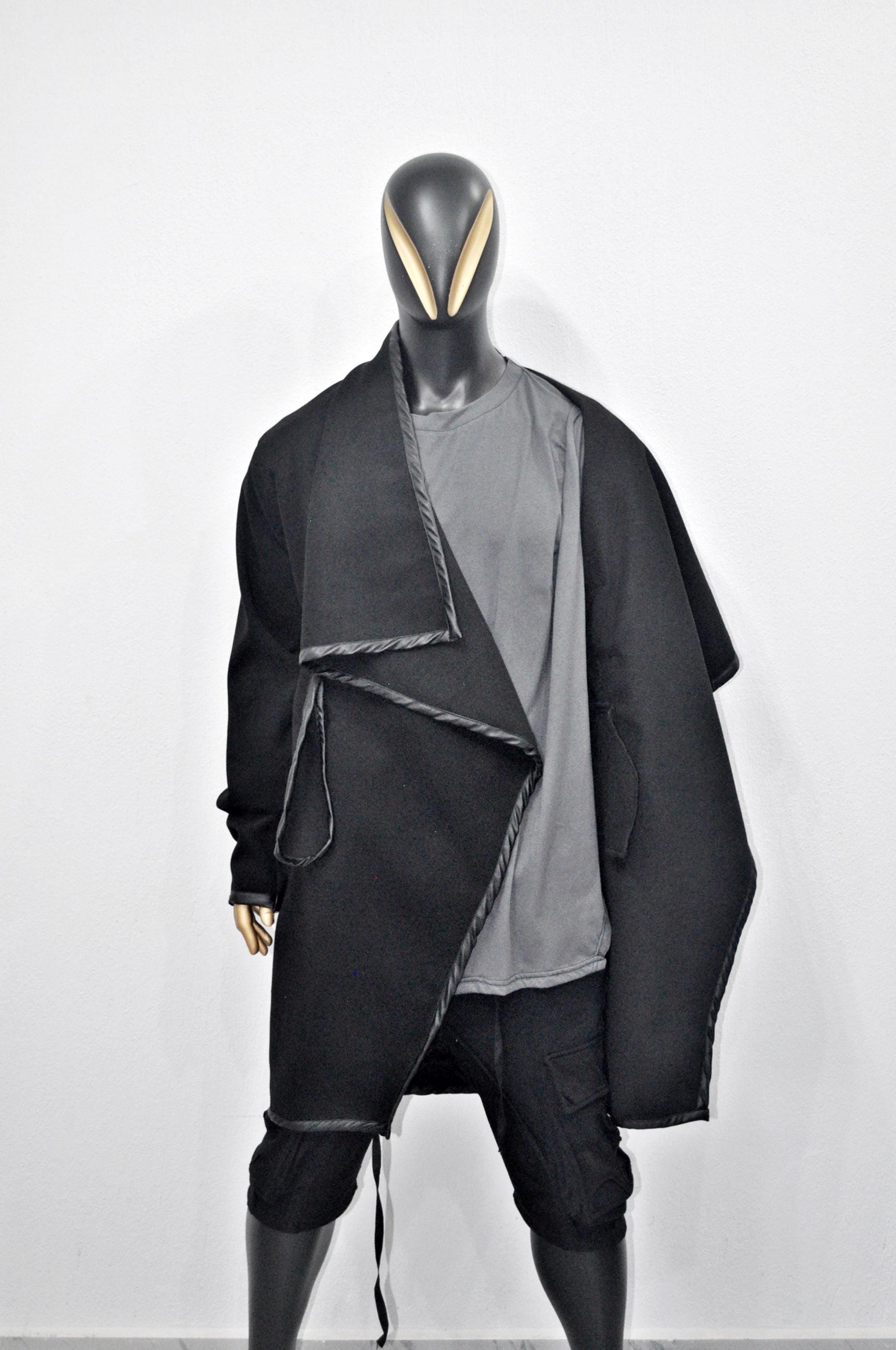 XS-8XL XS-8XL Asymmetrical Woolen Long Coat, High Collar Jacket, Leather Belt Cardigan,Winter Original Design Trim, Dark Gothic BTS -BB904