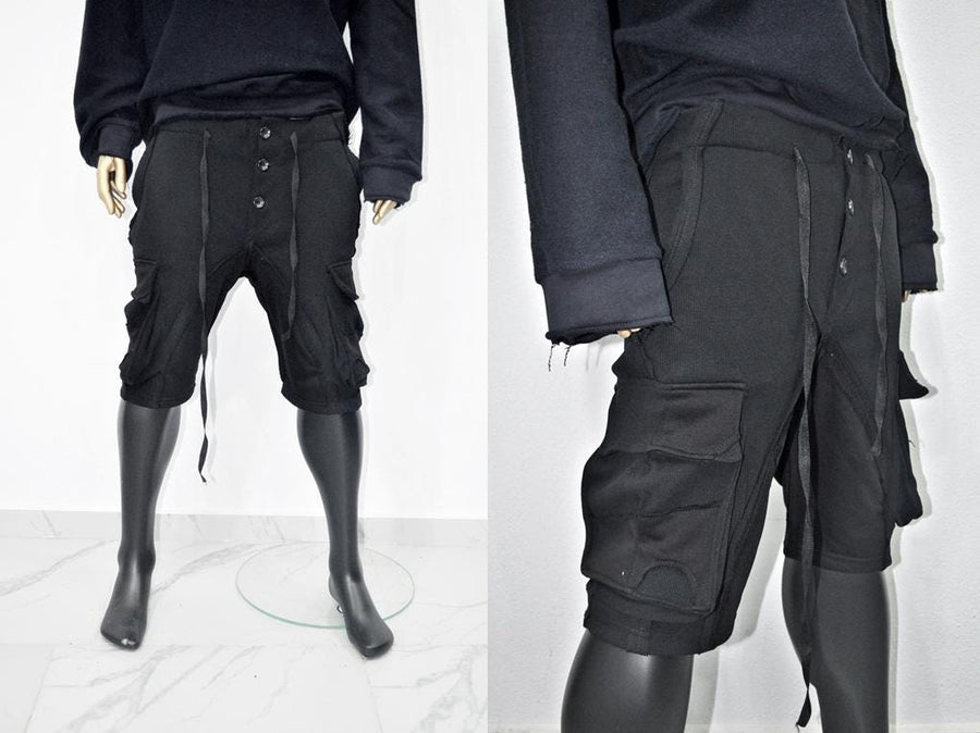 XS - 8XL Multi Side Pockets Asymmetric Ripped Look Casual Shorts, Men's Low Crotch Cargo,Sarrouel Wide Leg Sports Short,Streetwear-BB853