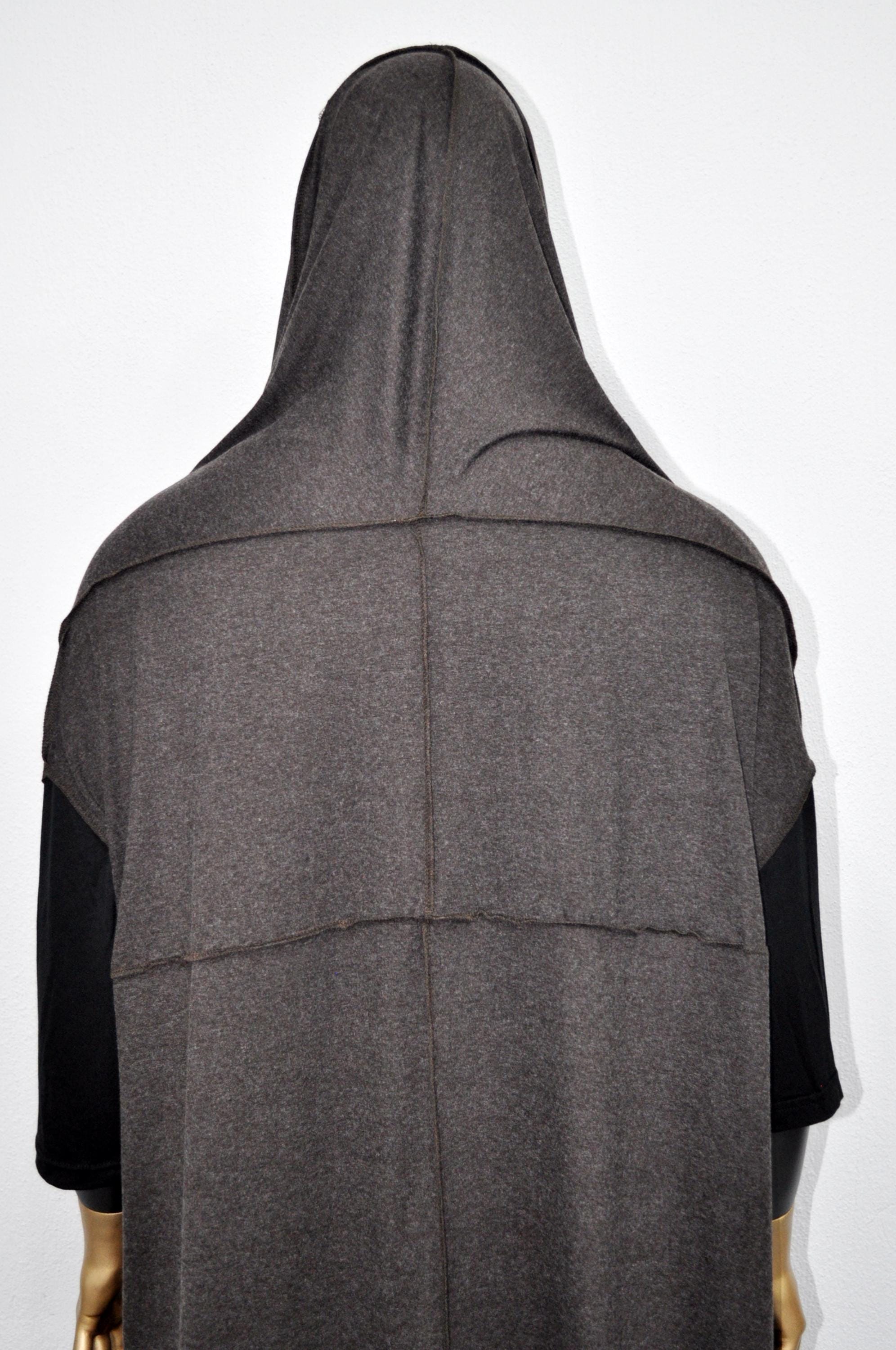 Wool Viscose OverLong Poncho Cardigan,Japanese Oversized Sleeveless Kimono Wrap Shawl Shirt,Asymmetric Vest Hooded Cape Coat,Hallowen-BB0154