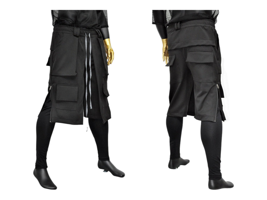 XS - 8XL Men's Steampunk Low Crotch Biker Layered Shorts with Legging, Side Big pockets,Side YKK Zipper,Elastic Waistband Cargo Short-BB870