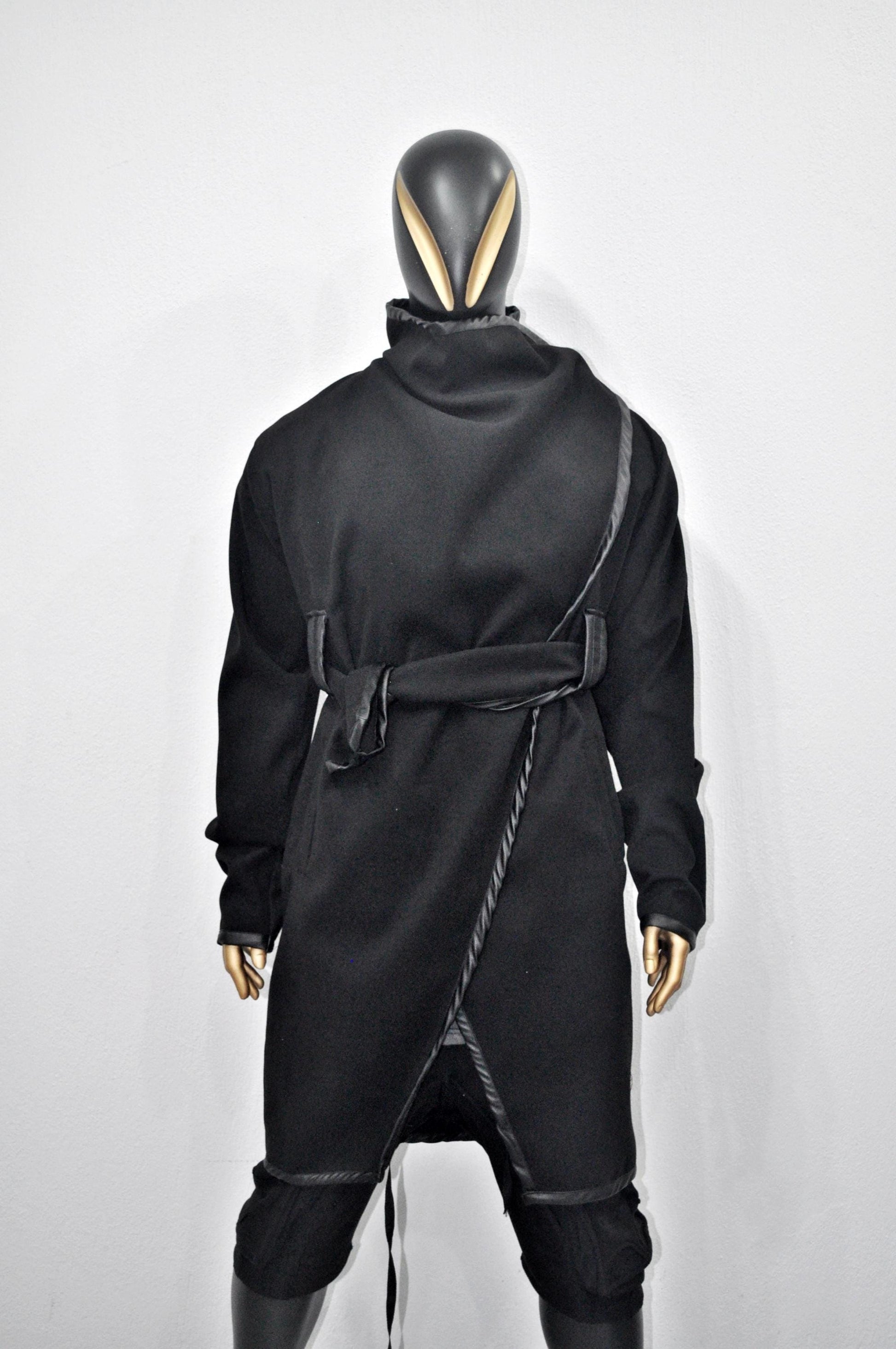 XS-8XL XS-8XL Asymmetrical Woolen Long Coat, High Collar Jacket, Leather Belt Cardigan,Winter Original Design Trim, Dark Gothic BTS -BB904