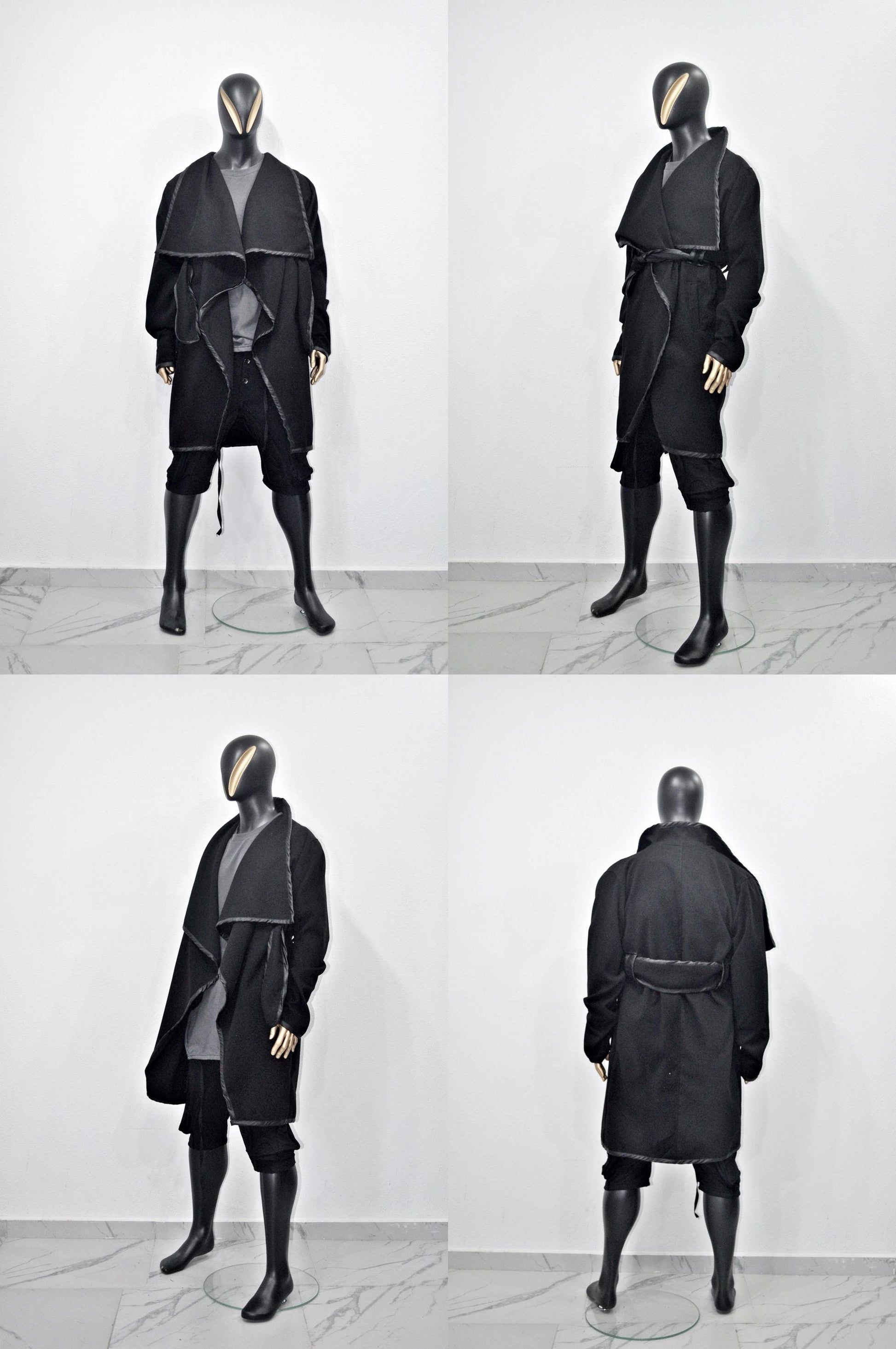 XS-8XL XS-8XL Asymmetrical Woolen Long Coat, High Collar Jacket, Leather Belt Cardigan,Winter Original Design Trim, Dark Gothic BTS -BB904