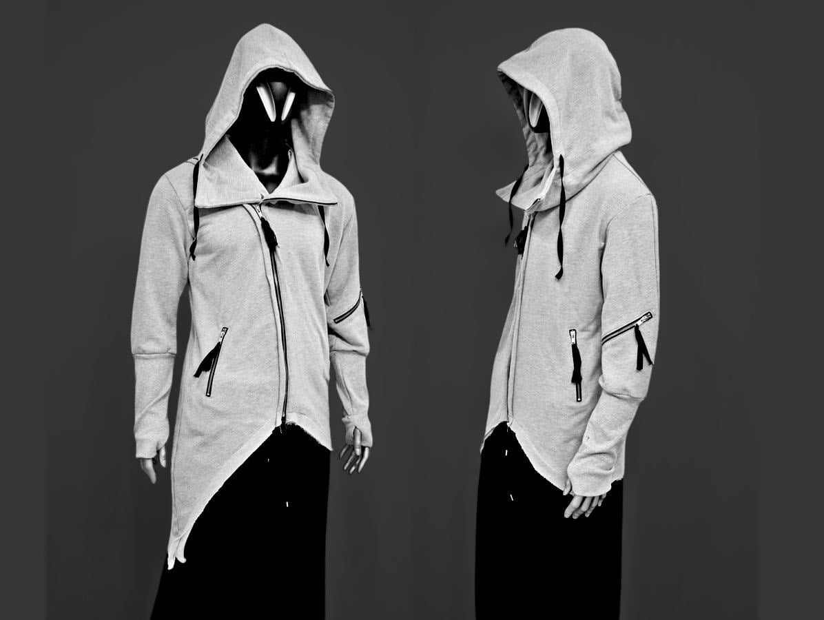 XS-8XL Men's Asymmetric Cut, Fleece Pullover, Black Jumper Top, Ashassin Tech Zipper Sleeve Goth Long Jacket Hoodie, Handmade Gift - BB0175