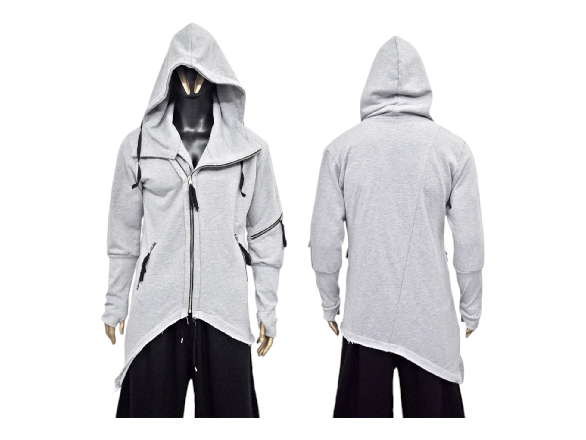 XS-8XL Men's Asymmetric Cut, Fleece Pullover, Black Jumper Top, Ashassin Tech Zipper Sleeve Goth Long Jacket Hoodie, Handmade Gift - BB0175