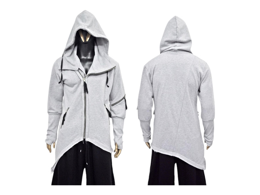 XS-8XL Men's Asymmetric Cut, Fleece Pullover, Black Jumper Top, Ashassin Tech Zipper Sleeve Goth Long Jacket Hoodie, Handmade Gift - BB0175
