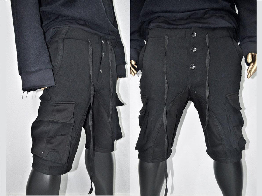 XS - 8XL Multi Side Pockets Asymmetric Ripped Look Casual Shorts, Men's Low Crotch Cargo,Sarrouel Wide Leg Sports Short,Streetwear-BB853