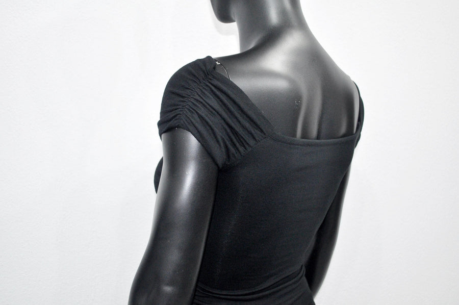 XS - 8XL Black Boat Neck Pleated Shoulder Blouse,Multi Position Women Open Back Top, Yoga Backless Sexy Tee -BB548
