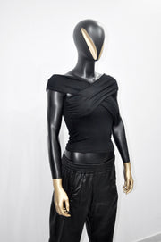 XS - 8XL Black Boat Neck Pleated Shoulder Blouse,Multi Position Women Open Back Top, Yoga Backless Sexy Tee -BB548