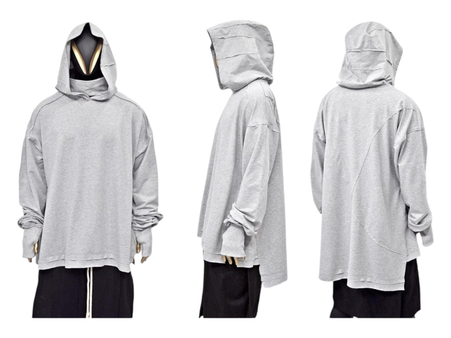 XS-8XL Men's Distressed Structured Silhouette Hooded Turtleneck Sweatshirt,Ashassin Asymetrical Cardigan,Cyber Futuristic Burning Man-BB0159