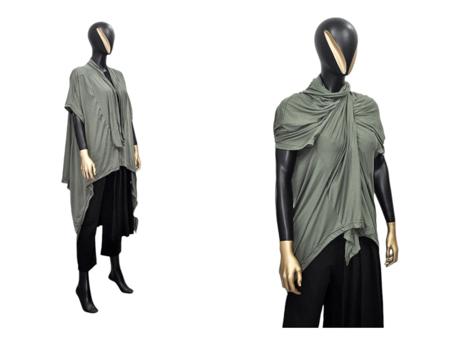 XS - 8XL Urban Zen Bat Sleeve, Shawl Collar Poncho Top Tshirt with Cowl Neck,Asymmetrical Draped,Yoga,Dystopian,Avant Garde Minimalist-BB551