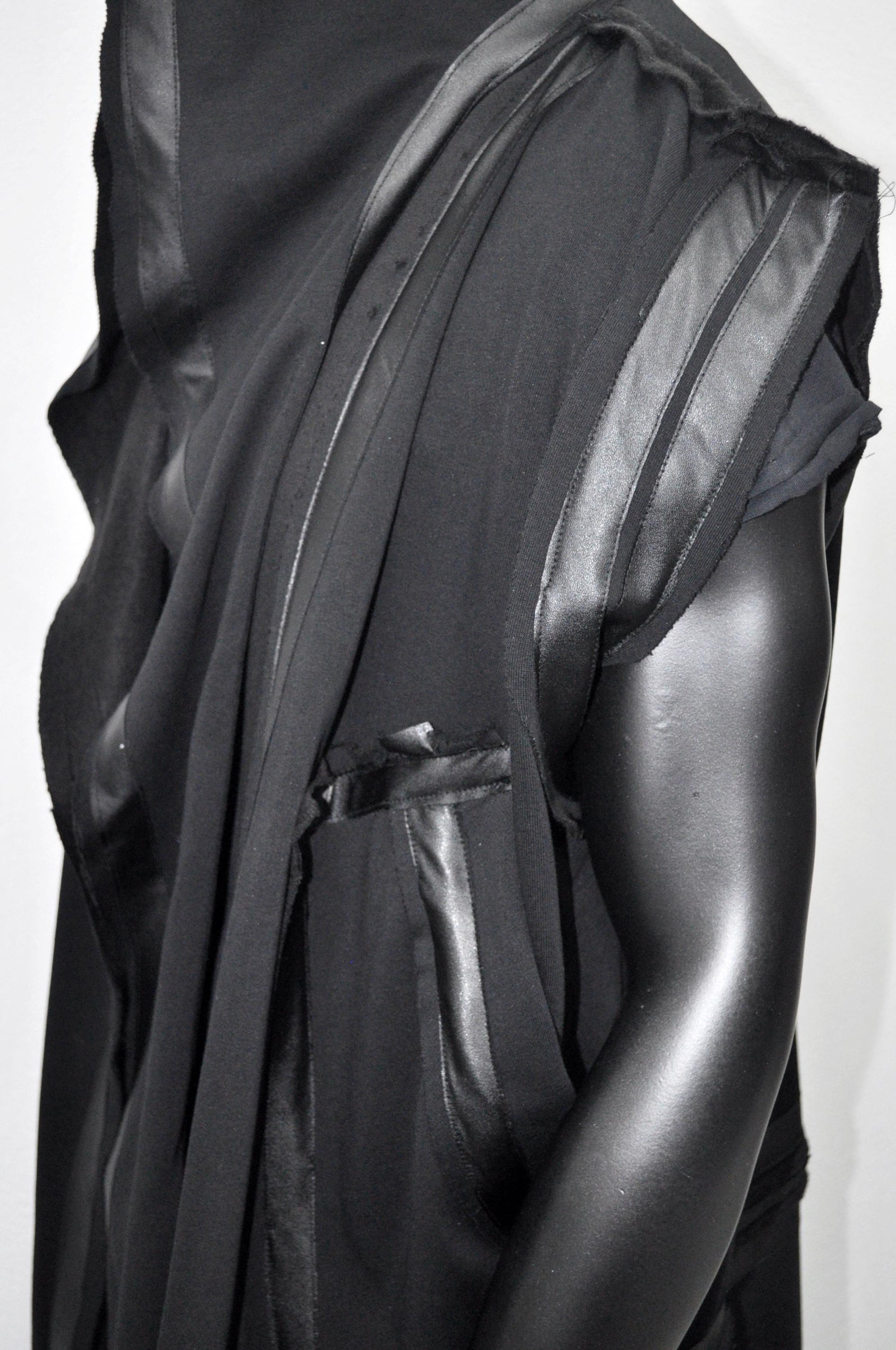 XS-8XL Removable Bottom Asymmetric Sleeveless Hooded Cardigan,Black F.Leather Trim Loose Long JACKET, ,Cosplay,Futuristic-Apocalyptic-BB0180