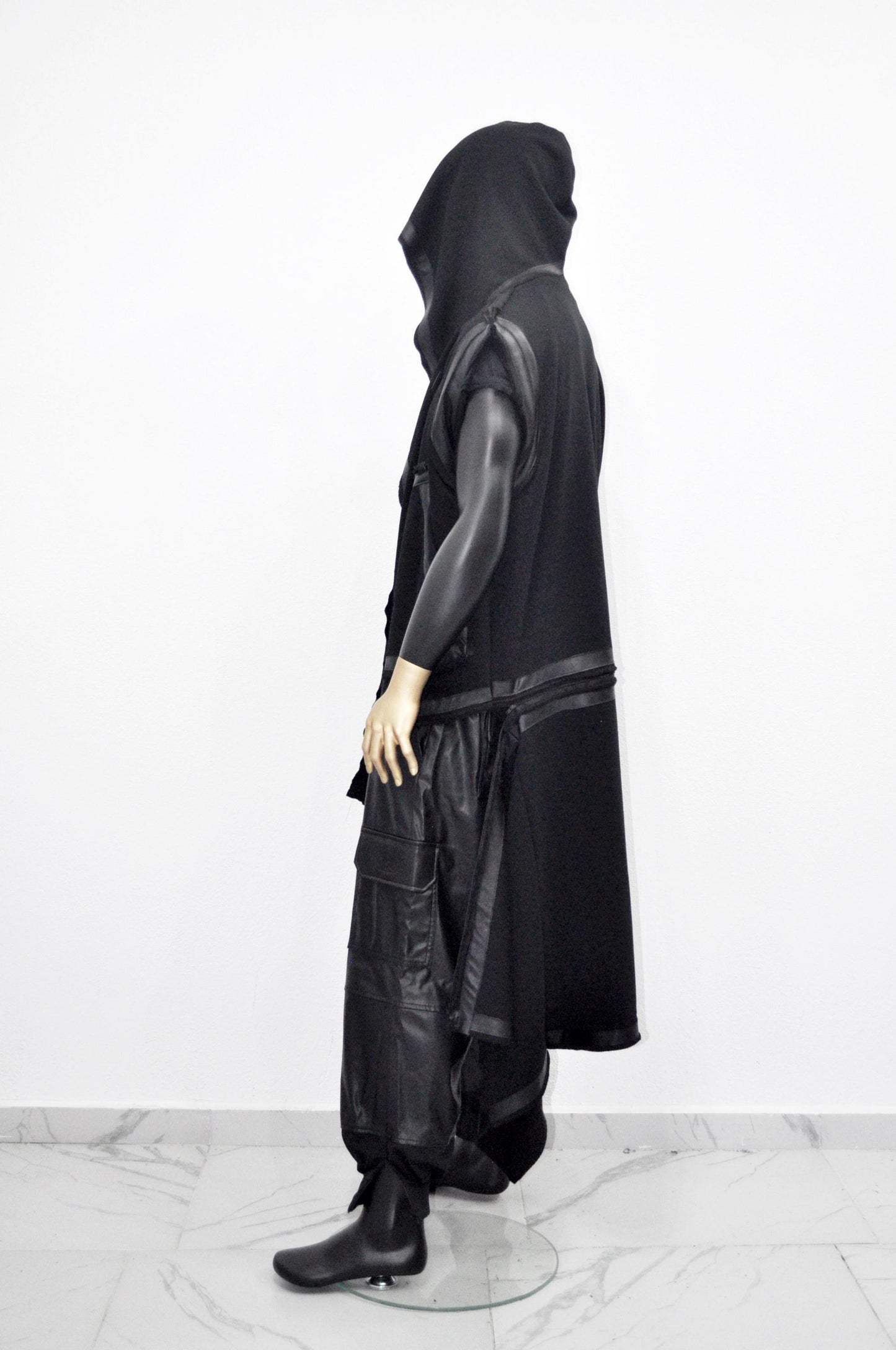 XS-8XL Removable Bottom Asymmetric Sleeveless Hooded Cardigan,Black F.Leather Trim Loose Long JACKET, ,Cosplay,Futuristic-Apocalyptic-BB0180