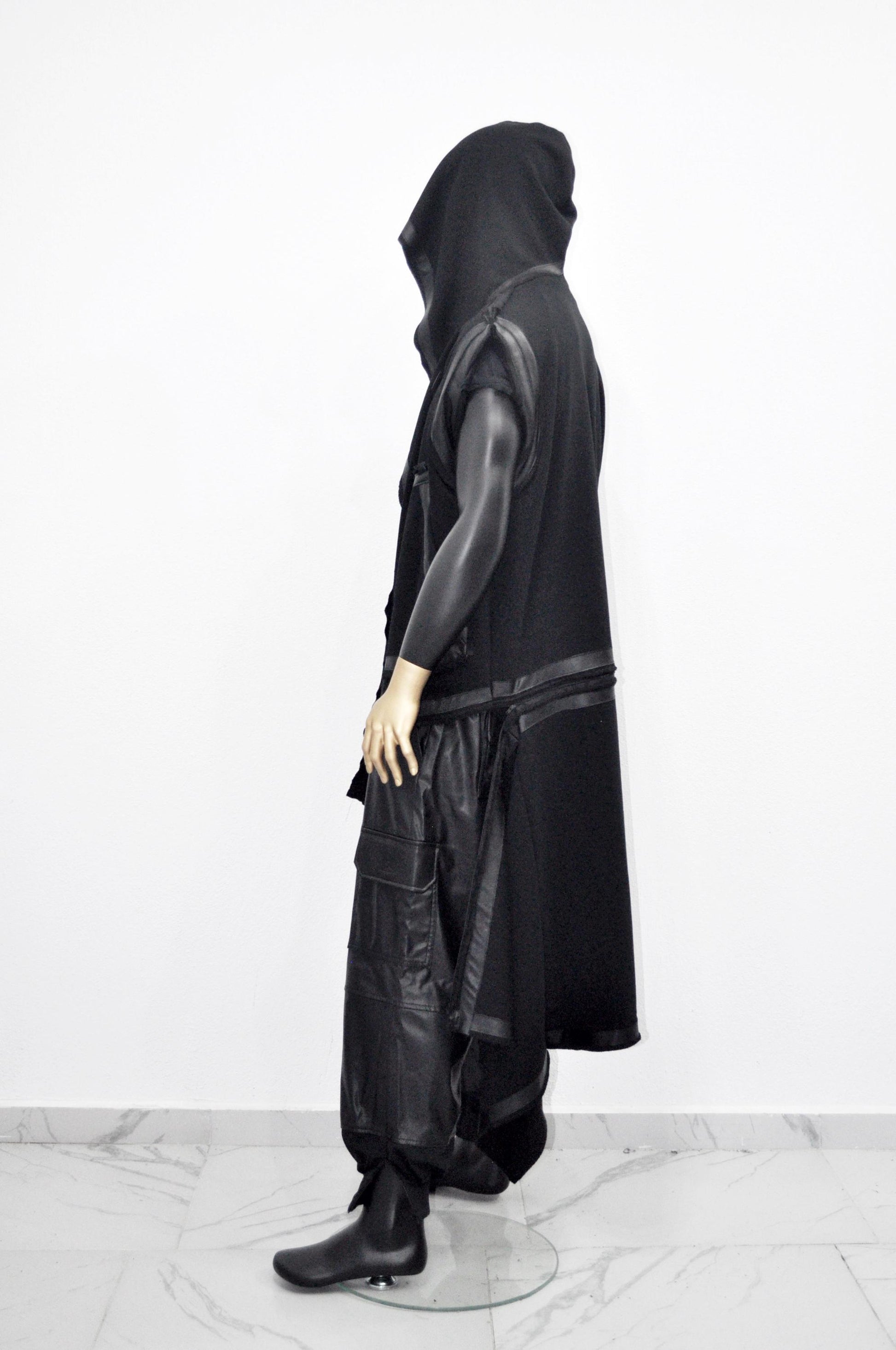 XS-8XL Removable Bottom Asymmetric Sleeveless Hooded Cardigan,Black F.Leather Trim Loose Long JACKET, ,Cosplay,Futuristic-Apocalyptic-BB0180