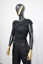 XS - 8XL Black Boat Neck Pleated Shoulder Blouse,Multi Position Women Open Back Top, Yoga Backless Sexy Tee -BB548