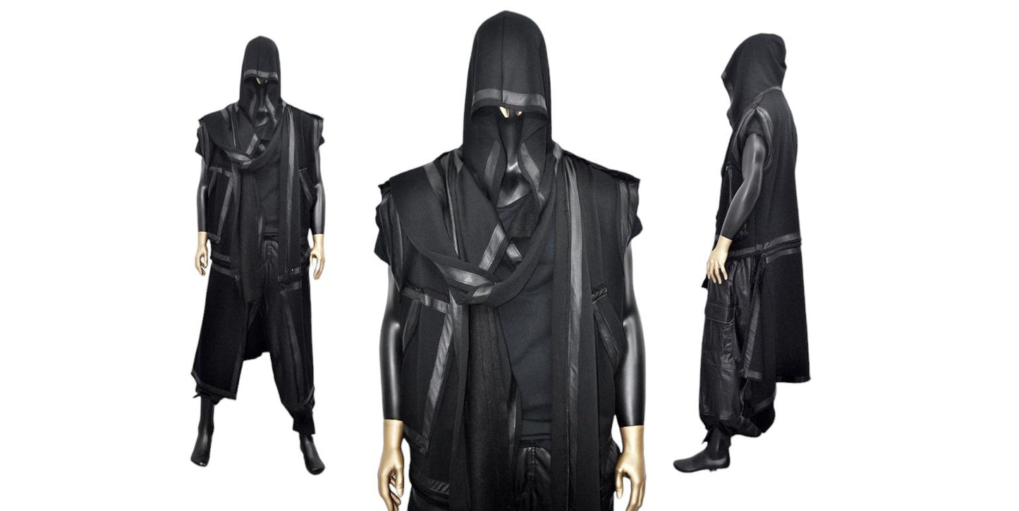 XS-8XL Removable Bottom Asymmetric Sleeveless Hooded Cardigan,Black F.Leather Trim Loose Long JACKET, ,Cosplay,Futuristic-Apocalyptic-BB0180