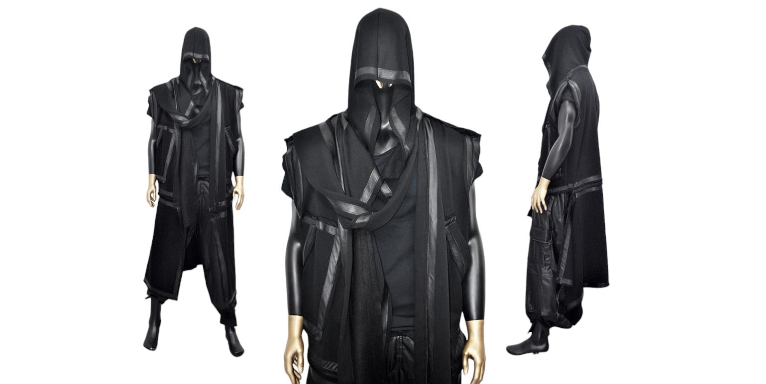 XS-8XL Removable Bottom Asymmetric Sleeveless Hooded Cardigan,Black F.Leather Trim Loose Long JACKET, ,Cosplay,Futuristic-Apocalyptic-BB0180