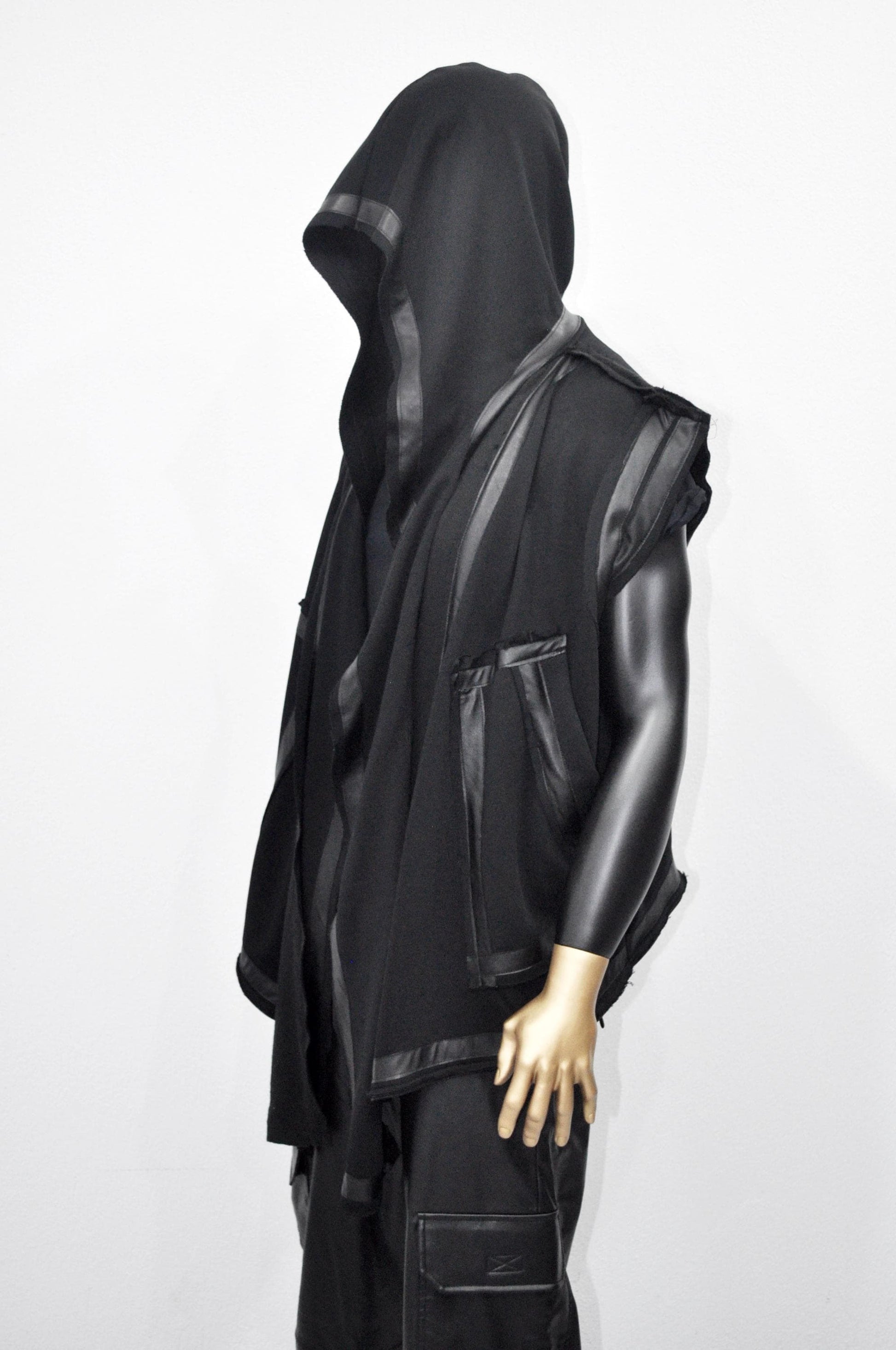 XS-8XL Removable Bottom Asymmetric Sleeveless Hooded Cardigan,Black F.Leather Trim Loose Long JACKET, ,Cosplay,Futuristic-Apocalyptic-BB0180