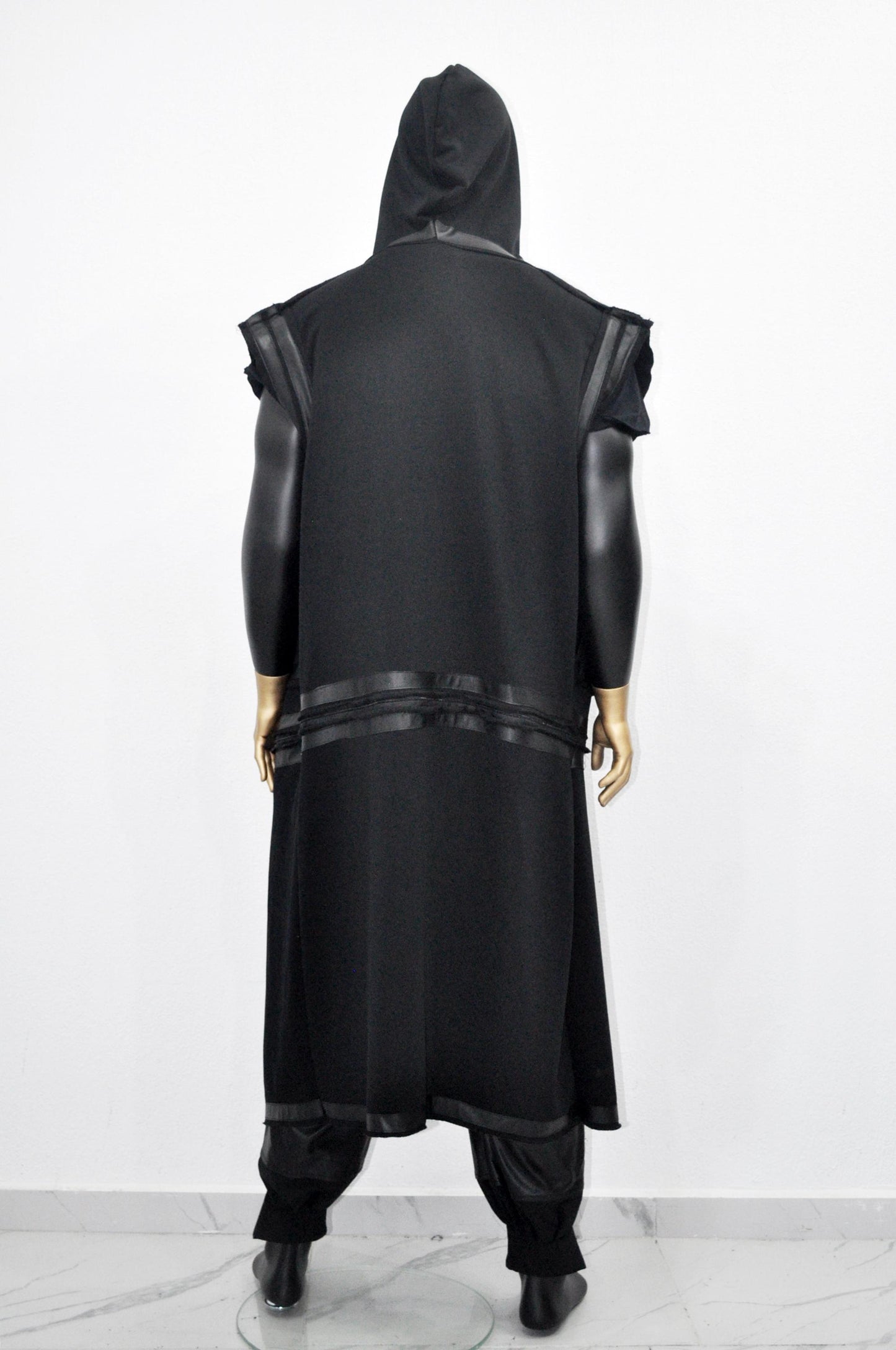 XS-8XL Removable Bottom Asymmetric Sleeveless Hooded Cardigan,Black F.Leather Trim Loose Long JACKET, ,Cosplay,Futuristic-Apocalyptic-BB0180