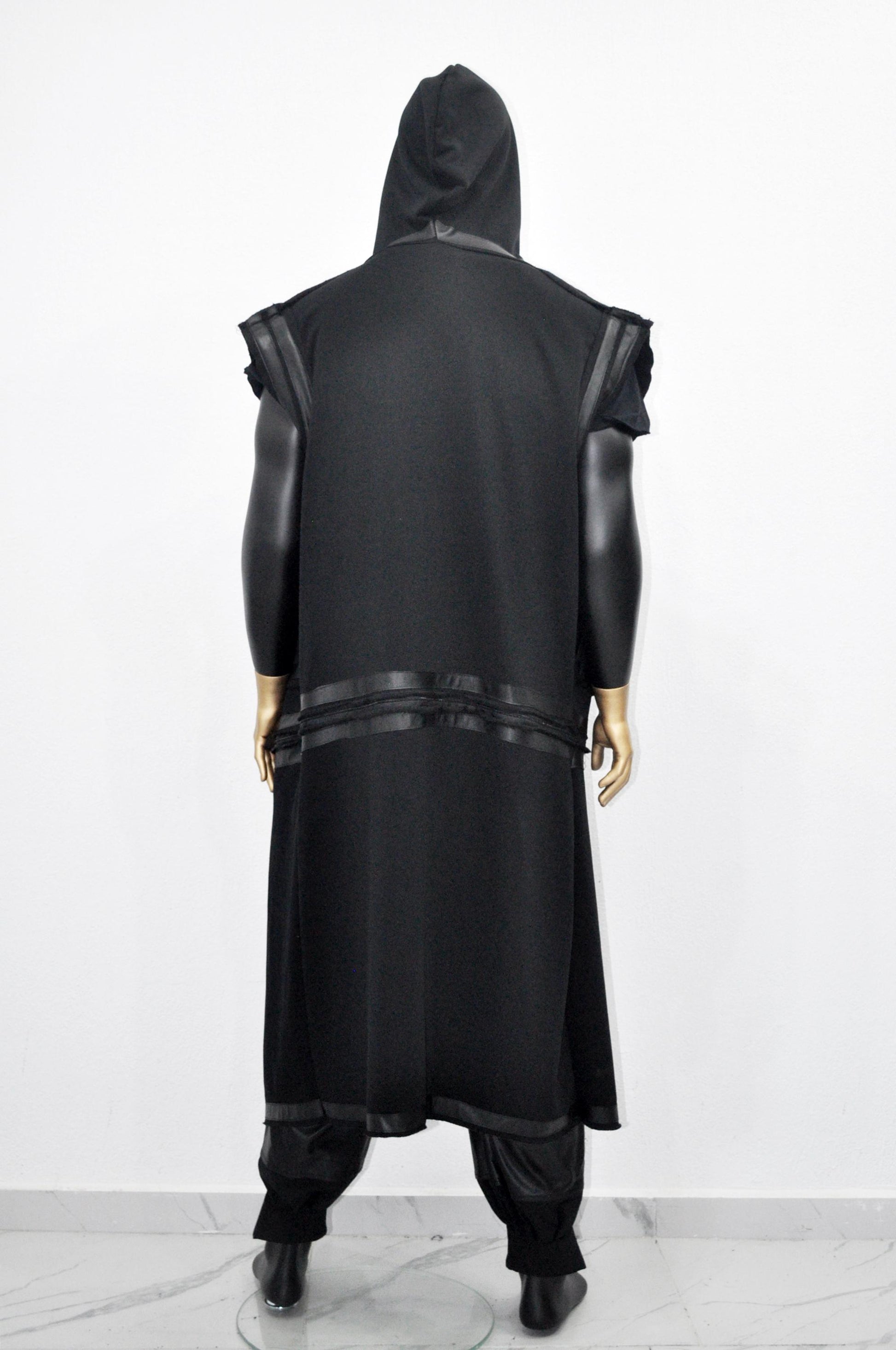 XS-8XL Removable Bottom Asymmetric Sleeveless Hooded Cardigan,Black F.Leather Trim Loose Long JACKET, ,Cosplay,Futuristic-Apocalyptic-BB0180