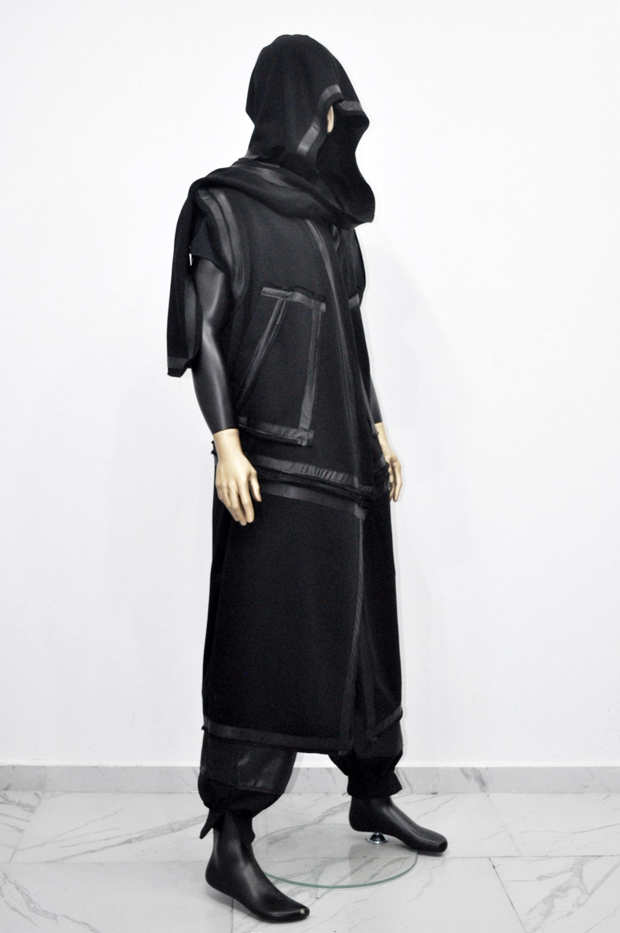 XS-8XL Removable Bottom Asymmetric Sleeveless Hooded Cardigan,Black F.Leather Trim Loose Long JACKET, ,Cosplay,Futuristic-Apocalyptic-BB0180