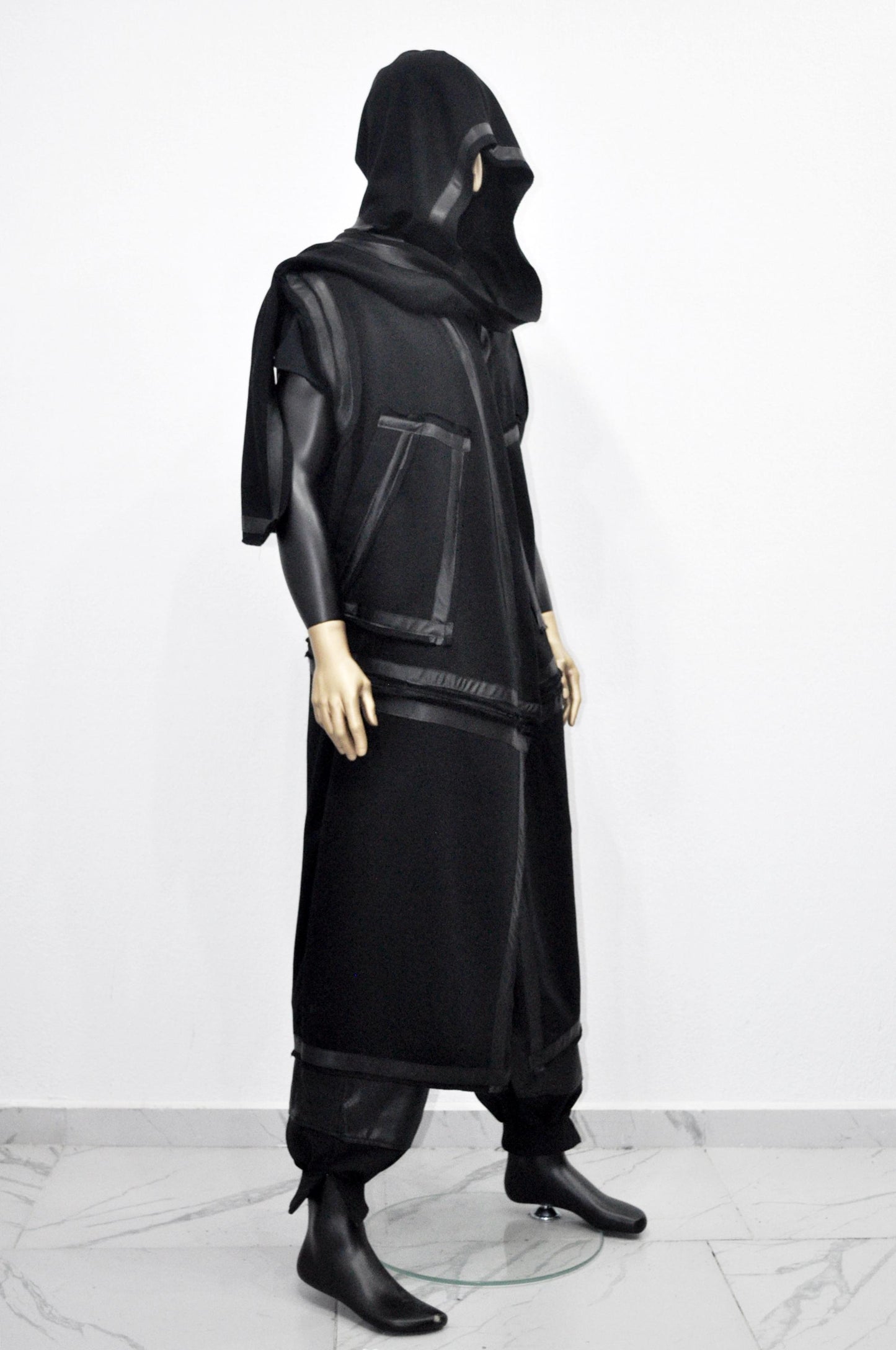 XS-8XL Removable Bottom Asymmetric Sleeveless Hooded Cardigan,Black F.Leather Trim Loose Long JACKET, ,Cosplay,Futuristic-Apocalyptic-BB0180