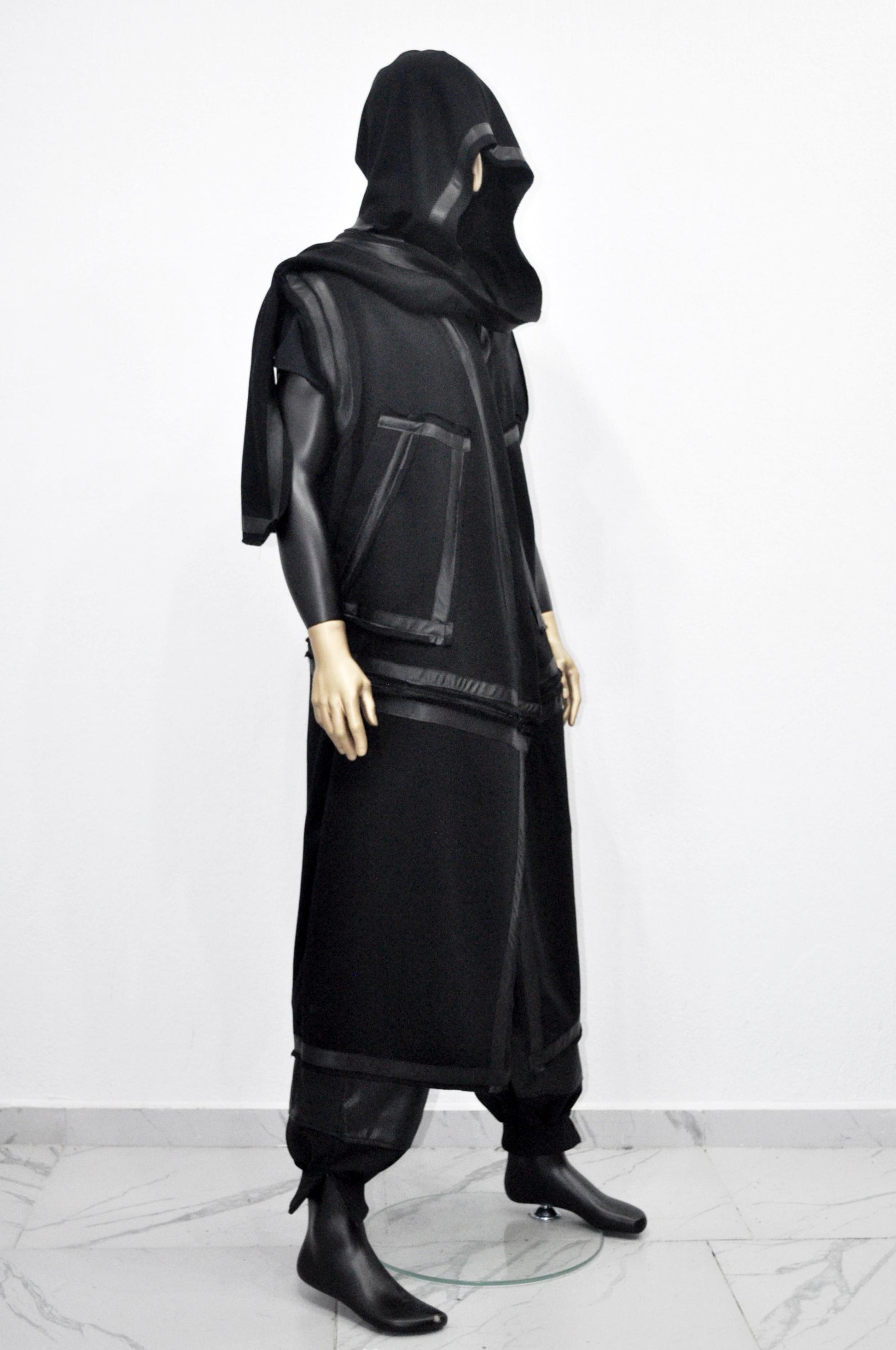 XS-8XL Removable Bottom Asymmetric Sleeveless Hooded Cardigan,Black F.Leather Trim Loose Long JACKET, ,Cosplay,Futuristic-Apocalyptic-BB0180