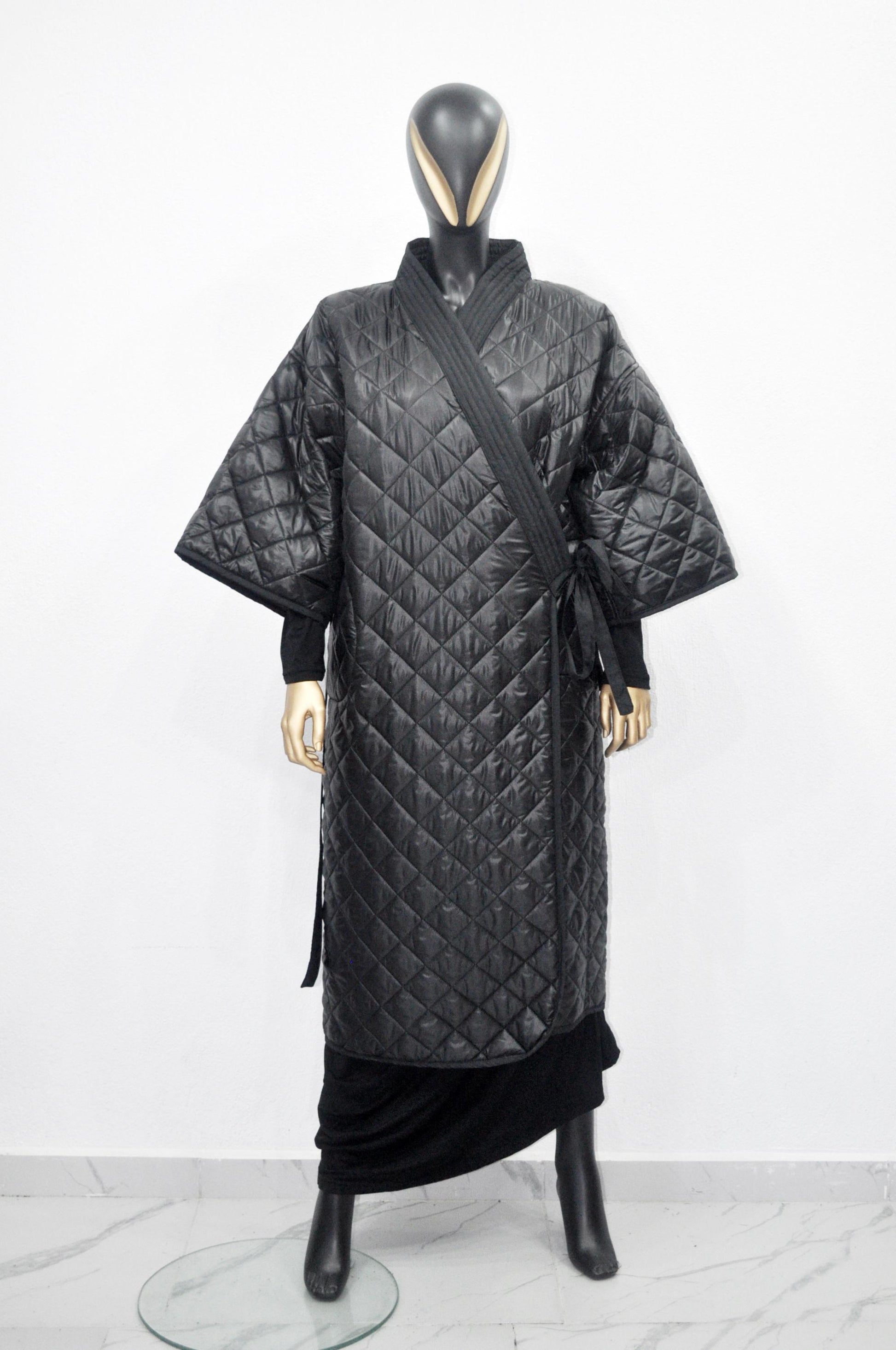 XS-8XL Women Extra Loose Winter V-Collar Three-quarter Sleeve Kimono,Bandage Padded Quilted Overlong Coat,Over the Knee Jacket,Kaftan-BB901
