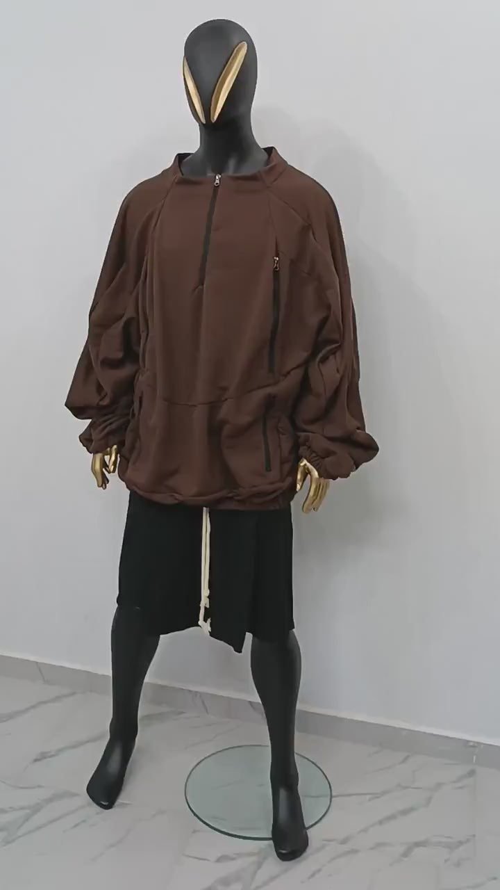 XS-8XL Oversized 1/4 Zip Brown Jacket w/Side Zipper and Pocket,Gift,Reglan Sleeve,Scoop Neck Pullover,Essentials Halloween,Cyber Goth-BB0160