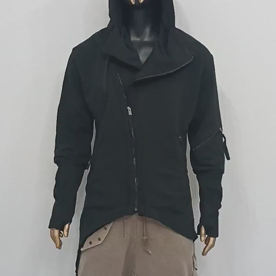 XS-8XL Men's Asymmetric Cut, Fleece Pullover, Black Jumper Top, Ashassin Tech Zipper Sleeve Goth Long Jacket Hoodie, Handmade Gift - BB0175
