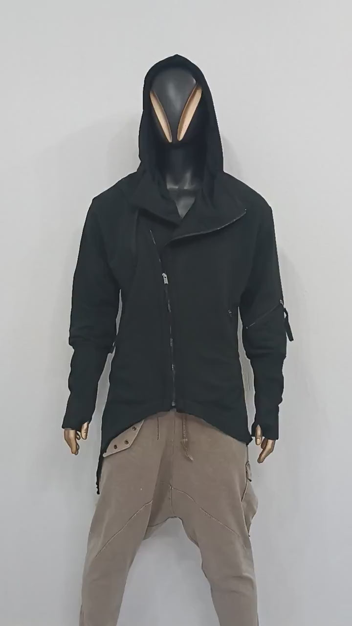 XS-8XL Men's Asymmetric Cut, Fleece Pullover, Black Jumper Top, Ashassin Tech Zipper Sleeve Goth Long Jacket Hoodie, Handmade Gift - BB0175