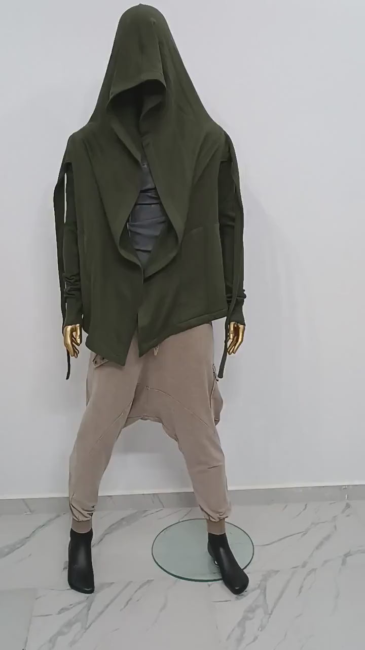XS-8XL Cyberpunk Asymmetric Big Hooded Tie Dark Ninja Sweatshirt Shawl Pointed Hoodie ,Ashassin Cardigan,Anarchy Futuristic Burning Mn-BB111