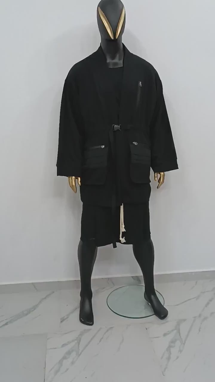 XS-8XL Functional Japanese Kimono Cardigan for Men JACKET,Techwear,Dark Wind Ninja Robe,Essentials Black Design 3/4 Sleeve,Futuristic-BB0158