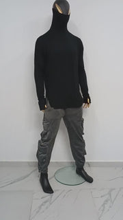 XS-8XL Men Black turtleneck sweater, Long Sleeve Rave Thumbhole Top Shirt Jumper with Scarf face mask pass by ear,gothic clothing BB507-E