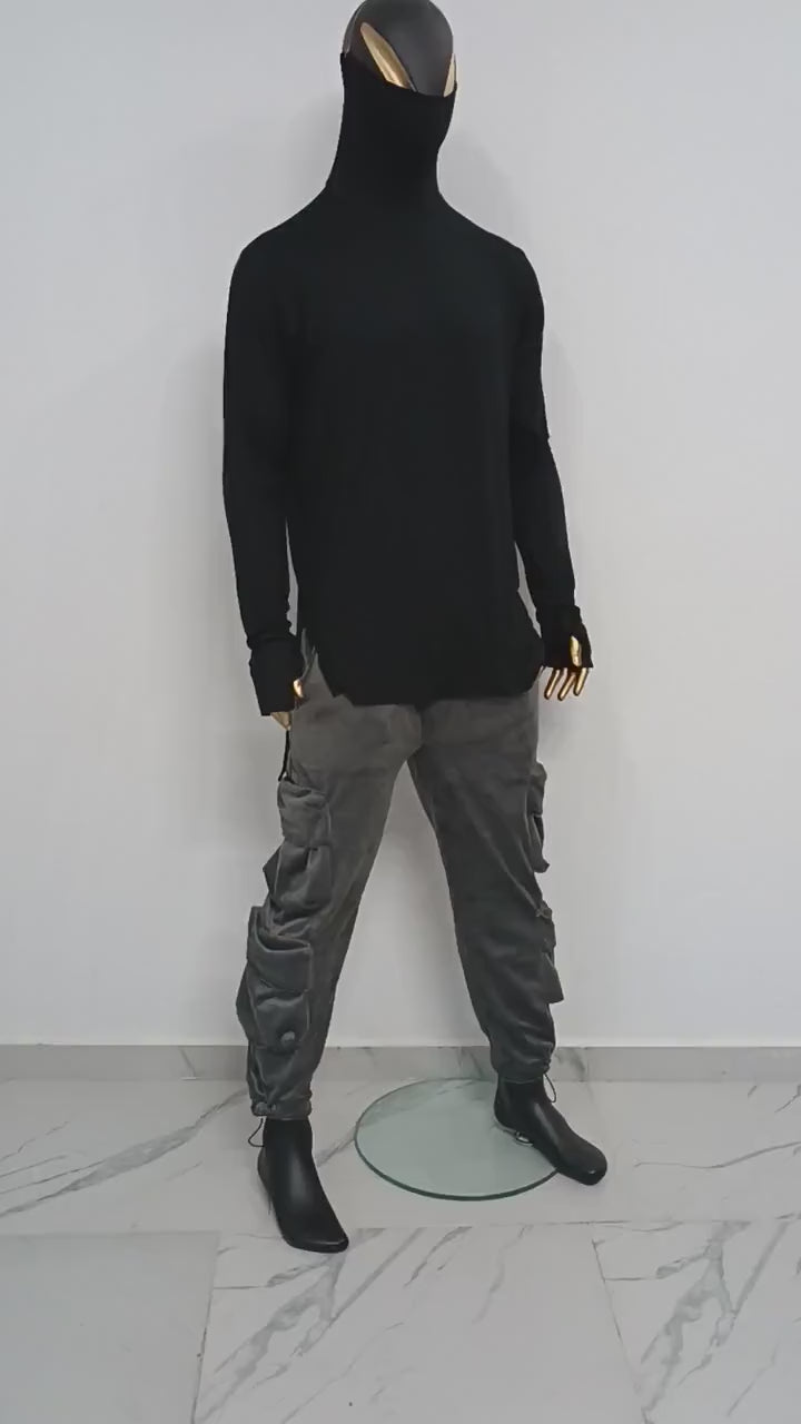 XS-8XL Men Black turtleneck sweater, Long Sleeve Rave Thumbhole Top Shirt Jumper with Scarf face mask pass by ear,gothic clothing BB507-E