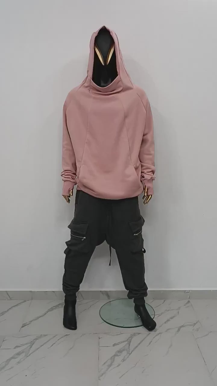 XS-8XL Oversize Pink Teckwear Hooded Cardigan Men, futuristic Stitching High Neck Pullover,Ninja Mask Assassin,Steampunk Burning Man -BB0