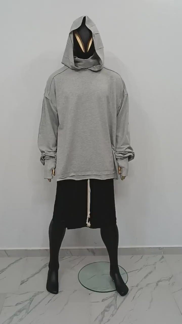 XS-8XL Men's Distressed Structured Silhouette Hooded Turtleneck Sweatshirt,Ashassin Asymetrical Cardigan,Cyber Futuristic Burning Man-BB0159