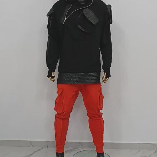 XS-8XL Men's Black Faux Leather Sleeves Loose Tech Pockets Hoodie, Cyber Goth ,Long Asymmetric Cosplay, Futuristic- Post Apocalyptic- BB0174