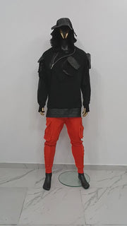 XS-8XL Men's Black Faux Leather Sleeves Loose Tech Pockets Hoodie, Cyber Goth ,Long Asymmetric Cosplay, Futuristic- Post Apocalyptic- BB0174