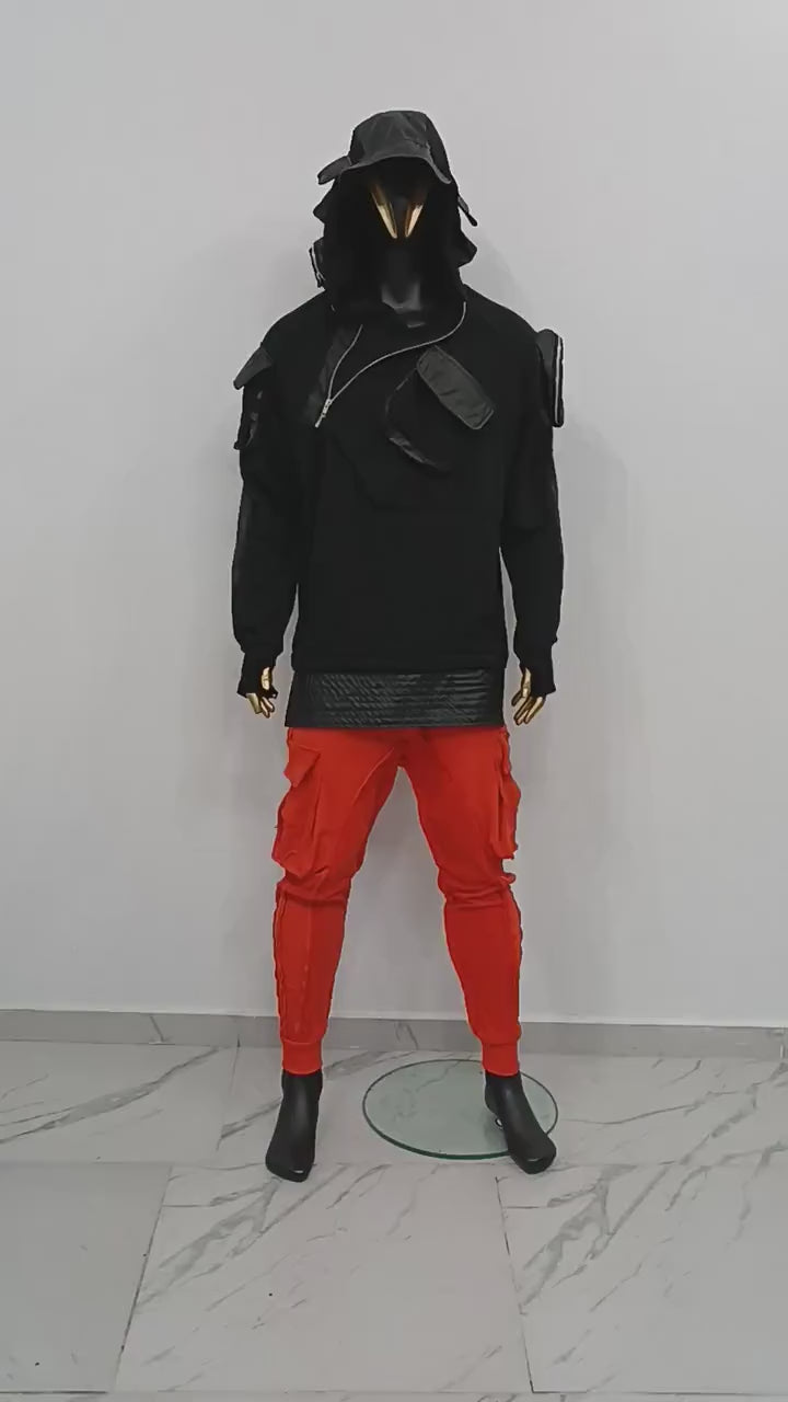 XS-8XL Men's Black Faux Leather Sleeves Loose Tech Pockets Hoodie, Cyber Goth ,Long Asymmetric Cosplay, Futuristic- Post Apocalyptic- BB0174