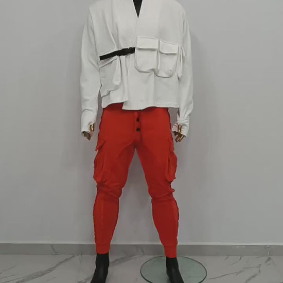 XS-8XL White Cotton Front Pockets Jacket Kimono Look, Tie-up, Ninja Assassin Jacket,Steampunk Gothic-Post Apocalyptic Dystopian-BB0173