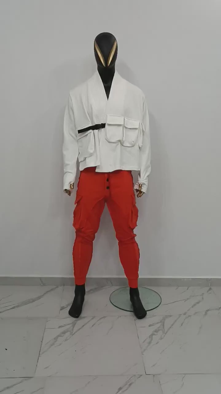 XS-8XL White Cotton Front Pockets Jacket Kimono Look, Tie-up, Ninja Assassin Jacket,Steampunk Gothic-Post Apocalyptic Dystopian-BB0173